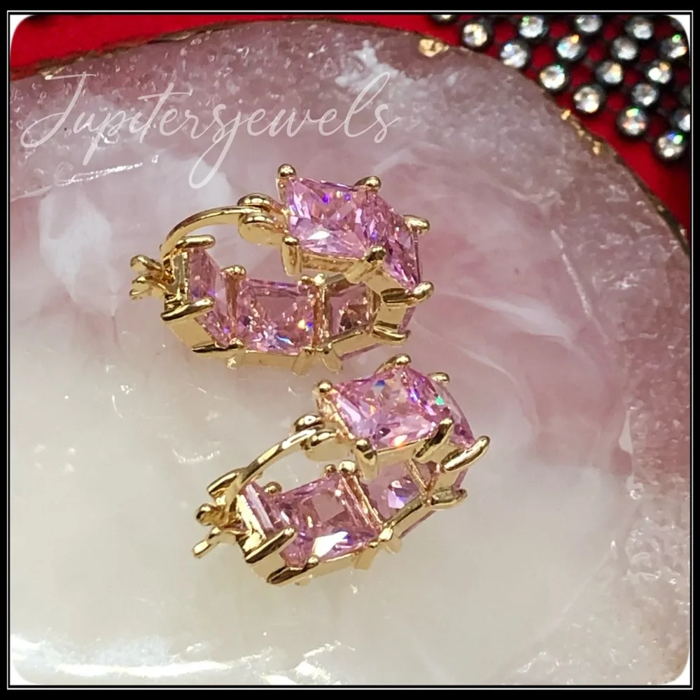New 14k gold & pink simulated diamond 8g square princess chunky huggie earrings